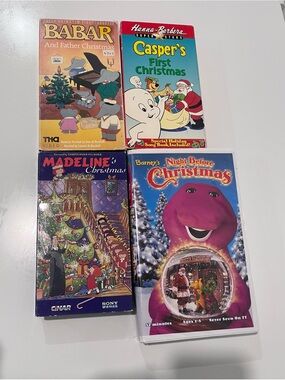 Bundle of 4 Kids Christmas VHS Tapes Barney Babar Madeline Casper